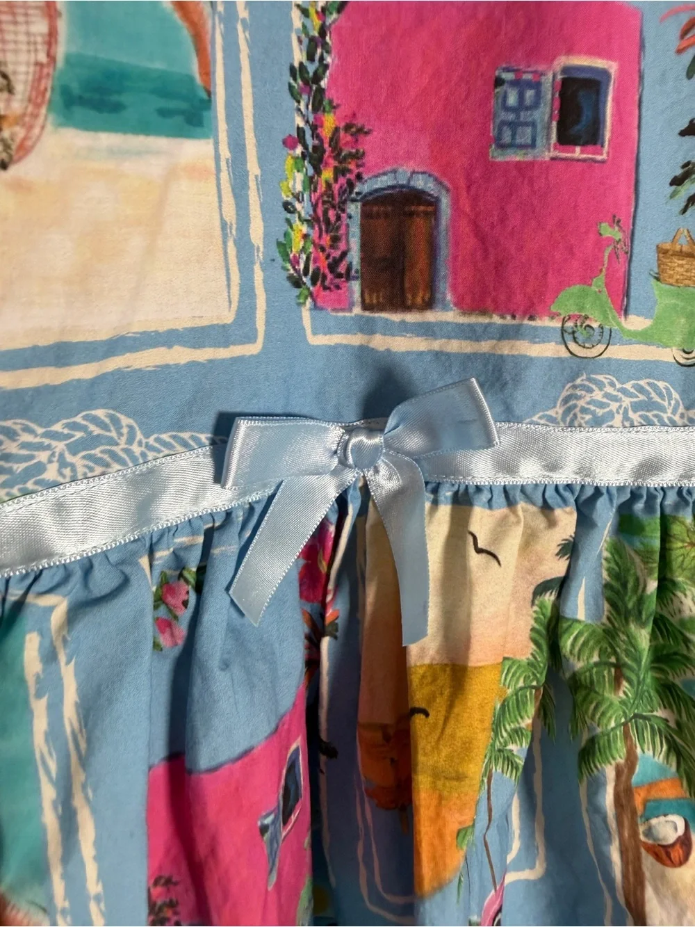 Patachou Girls Blue Postcard Beach Print Dress Size 8Y Cotton Peter Pan Collar